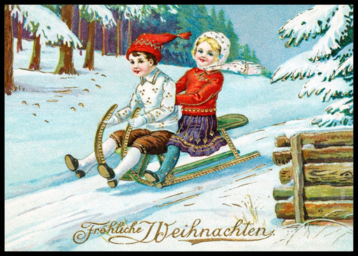 Gutten og jenten på kjelke- Gammeldags juleplakat - Plakatbar.no