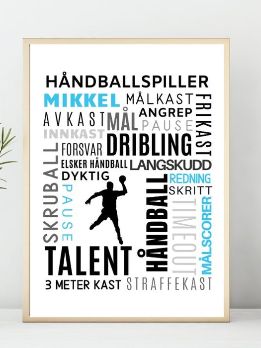 Håndballspilleren - plakat med håndballord og eget navn i blått - Plakatbar.no