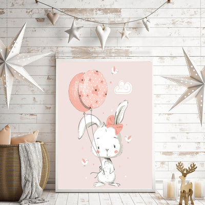 Håndtegnet kanin med ballonger - søt plakat - Plakatbar.no