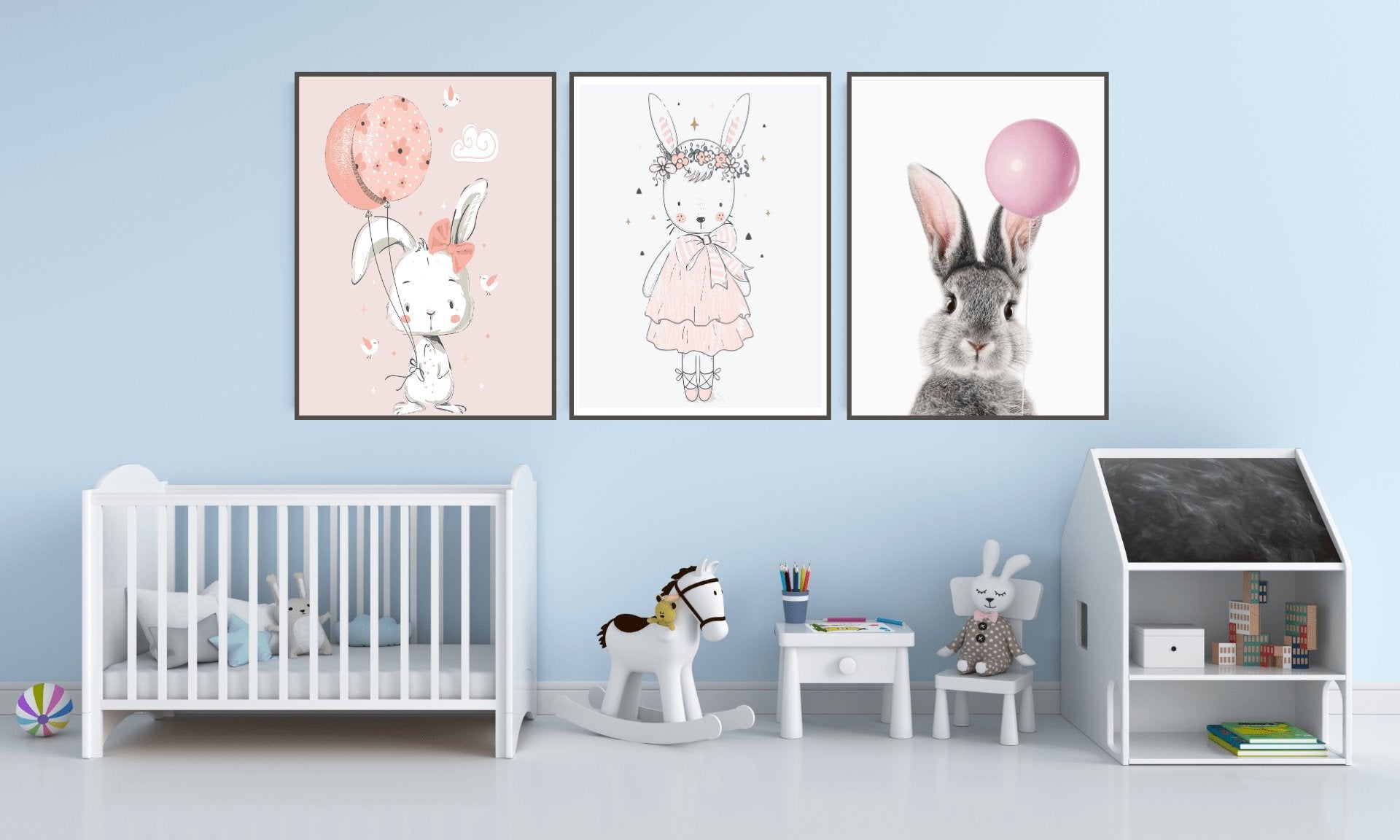 Håndtegnet kanin med ballonger - søt plakat - Plakatbar.no