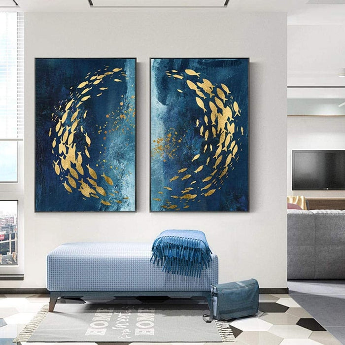 2 Blue Painting Gold Leaf Fish