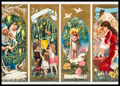 Julekort som skildrer familier og juletrær- Gammeldags juleplakat - Plakatbar.no