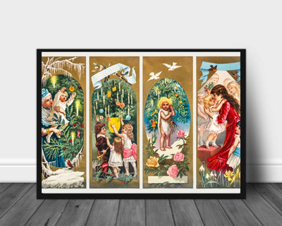 Julekort som skildrer familier og juletrær- Gammeldags juleplakat - Plakatbar.no