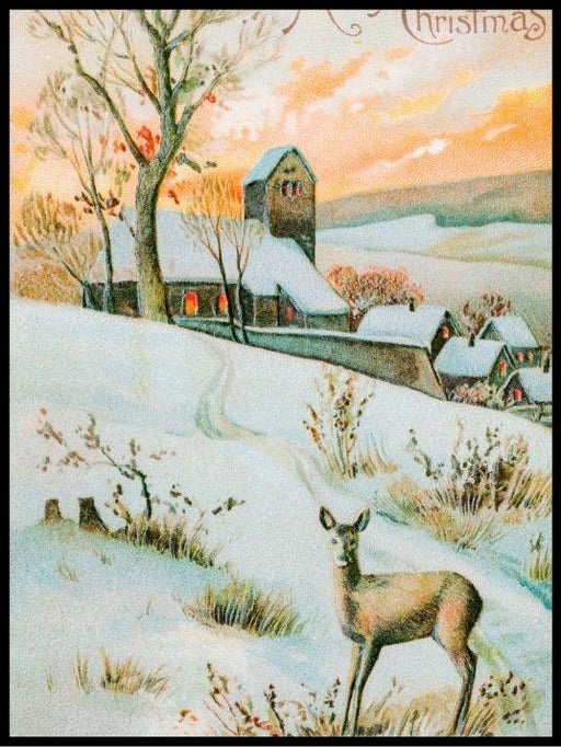 Julekort som skildrer vinterlandskap og hjort- Gammeldags juleplakat - Plakatbar.no