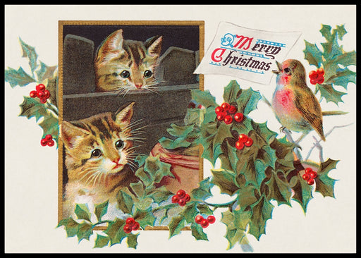 Katter, rødstrupen og kristtorn- Gammeldags juleplakat - Plakatbar.no