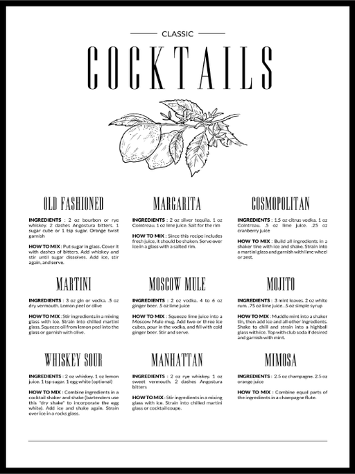 Klassisk Cocktails Guide - Poster - Plakatbar.no