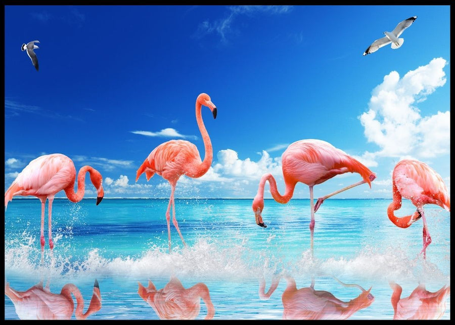 Mange flamingoer i søen - Plakat