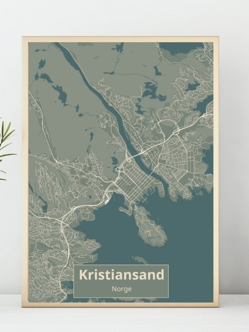 Kristiansand - byplakat med olivenfarge - Plakatbar.no