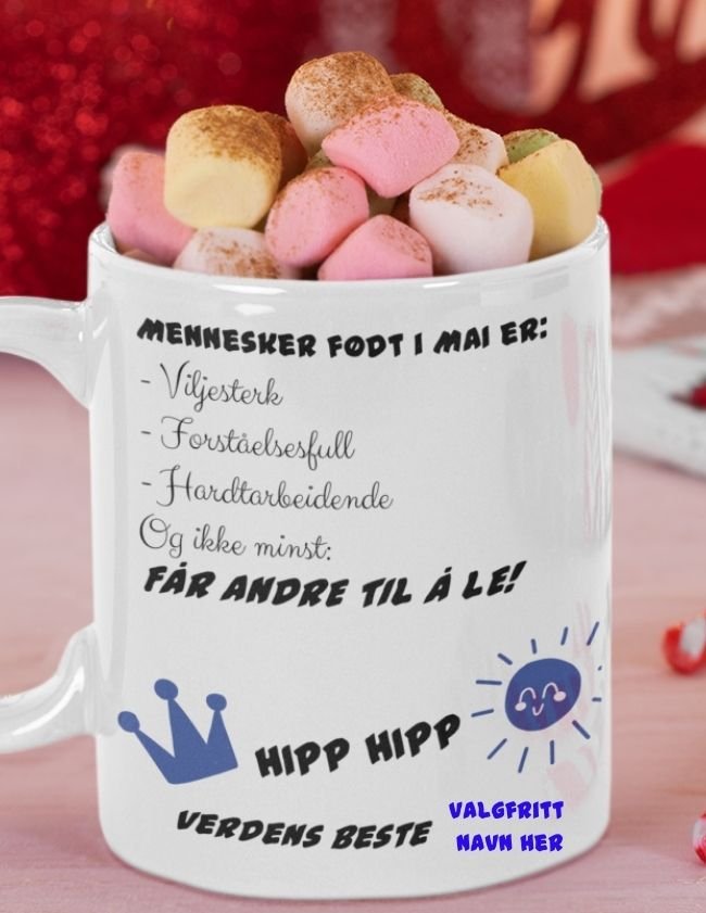 Krus til en som har bursdag i mai - Med eget navn - Plakatbar.no