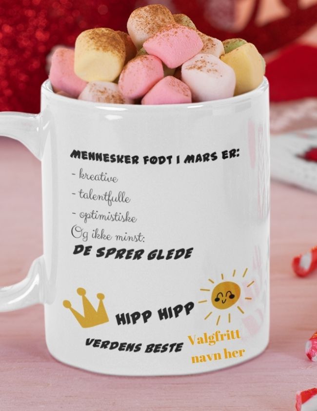 Krus til en som har bursdag i mars - Med eget navn - Plakatbar.no