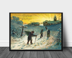 Landsbyboere på vei hjem med juletreet - Gammeldags juleplakat - Plakatbar.no