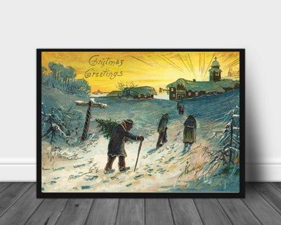 Landsbyboere på vei hjem med juletreet - Gammeldags juleplakat - Plakatbar.no