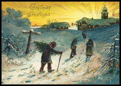 Landsbyboere på vei hjem med juletreet - Gammeldags juleplakat - Plakatbar.no