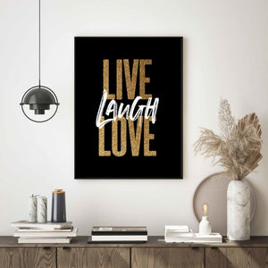 Live, Laugh, Love - gullskrift på sort bakgrunn - Plakatbar.no