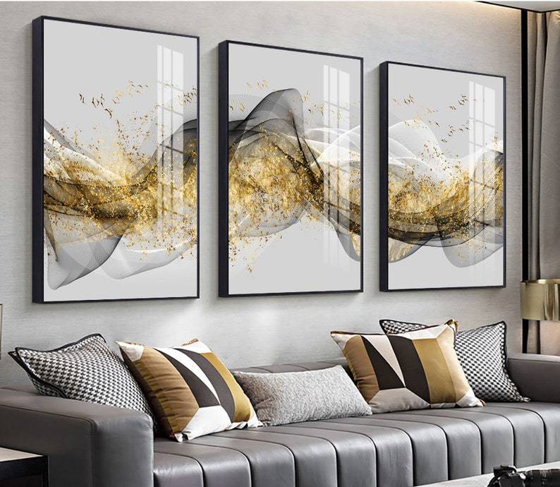 Luxury abstract golden ink landscape - 3 interiørmotiv - Plakatbar.no