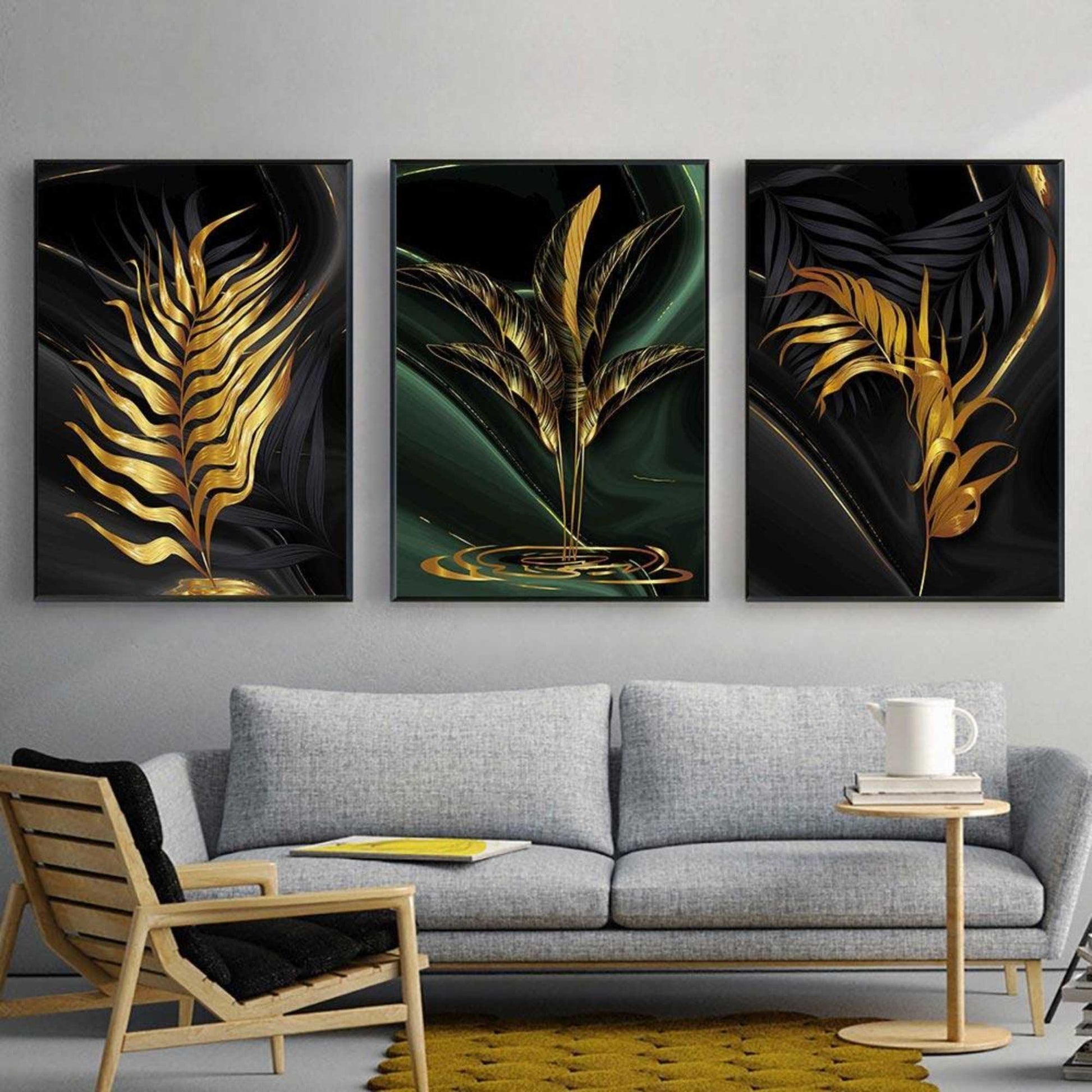Luxury Black & Gold Leaves - 3 interiørmotiv - Plakatbar.no