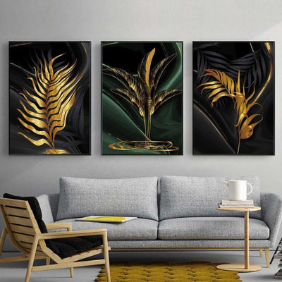 Luxury Black & Gold Leaves - 3 interiørmotiv - Plakatbar.no
