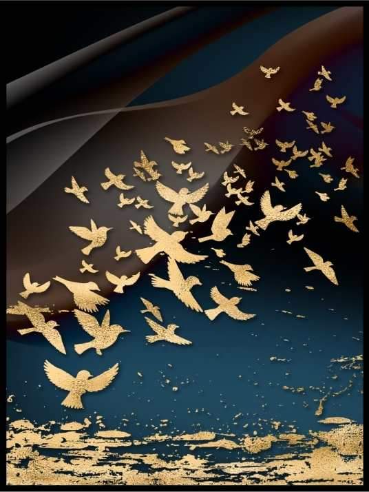 Luxury gold foil Abstract - Birds, Trees, Butterfly & Moon - Plakatbar.no