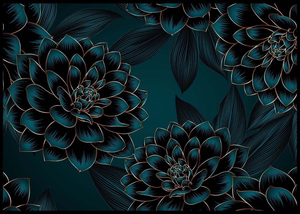 Luxury Golden Flowers and Leaves Poster - Plakatbar.no