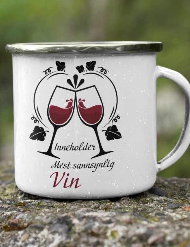 Mest sannsynlig vin - Emaljekopp med sølvkant - Plakatbar.no