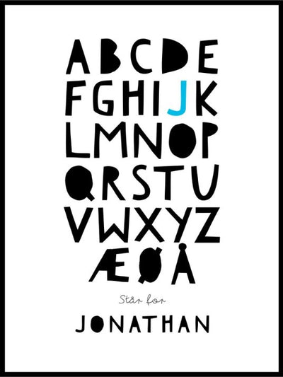 Navneplakat Alfabet - En flott og personlig plakat med blått stempel - Plakatbar.no