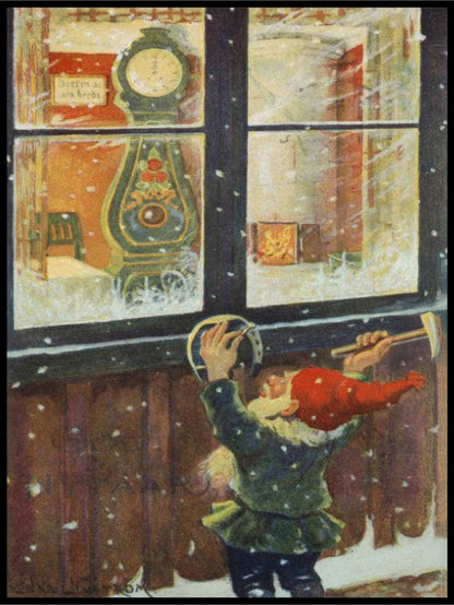 Nissen utenfor vinduet - Retro juleplakat - Jenny Nystrøm - Plakatbar.no