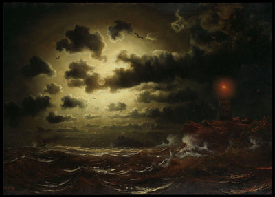 Opprørt hav i måneskinn med fyrtårn - Simon Marcus Larsson- plakat eller lerret - Plakatbar.no