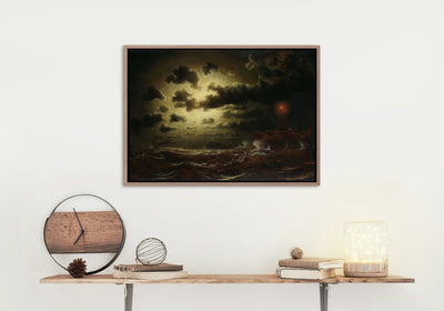Opprørt hav i måneskinn med fyrtårn - Simon Marcus Larsson- plakat eller lerret - Plakatbar.no