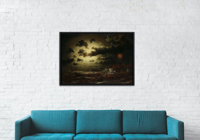 Opprørt hav i måneskinn med fyrtårn - Simon Marcus Larsson- plakat eller lerret - Plakatbar.no