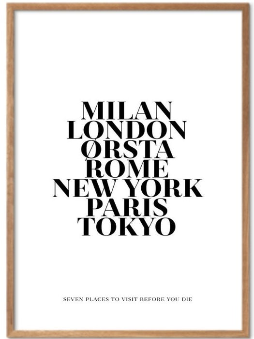 Plakat med verdensmetropolene og ditt hjemsted? Sort tekst på hvit bakgrunn - Plakatbar.no