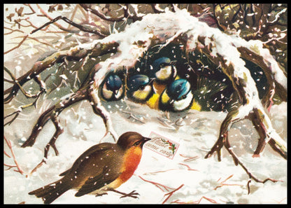 Rødstrupen og meisene - Gammeldags juleplakat - Plakatbar.no