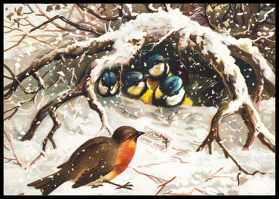 Rødstrupen og meisene - Gammeldags juleplakat - Plakatbar.no