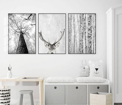 Sort og hvitt - trær og hjort - 3 motiver - Plakatbar.no