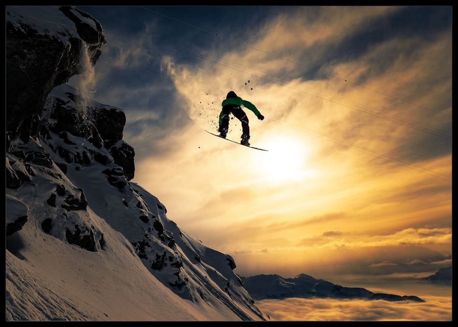 Sunset snowboarding poster