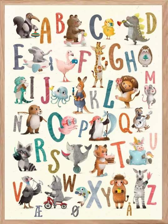 Supersøt alfabetplakat med dyr - Plakatbar.no