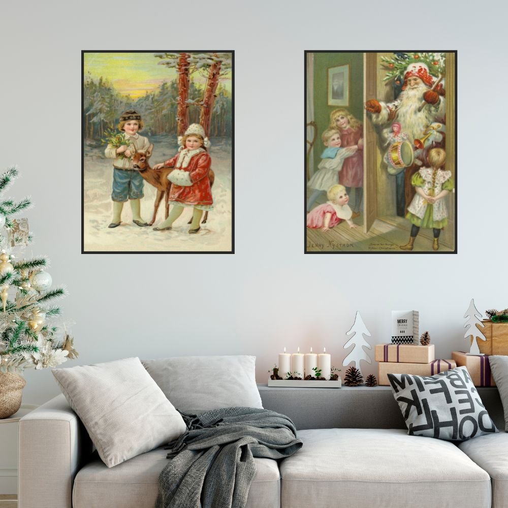 To barn og hjort i skogen - Retro juleplakat - Jenny Nystrøm - Plakatbar.no