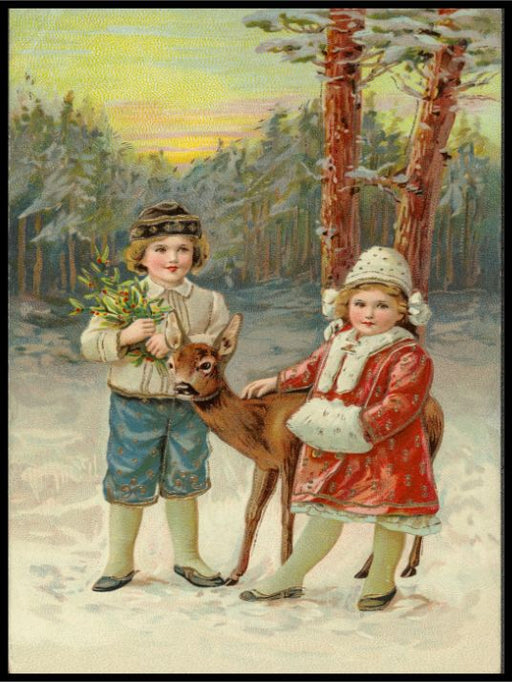 To barn og hjort i skogen - Retro juleplakat - Jenny Nystrøm - Plakatbar.no