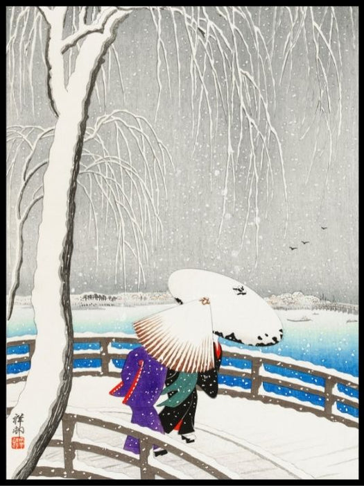 Two woman in the snow on Yanagi Bridge, Ohara Koson- Plakat - Plakatbar.no