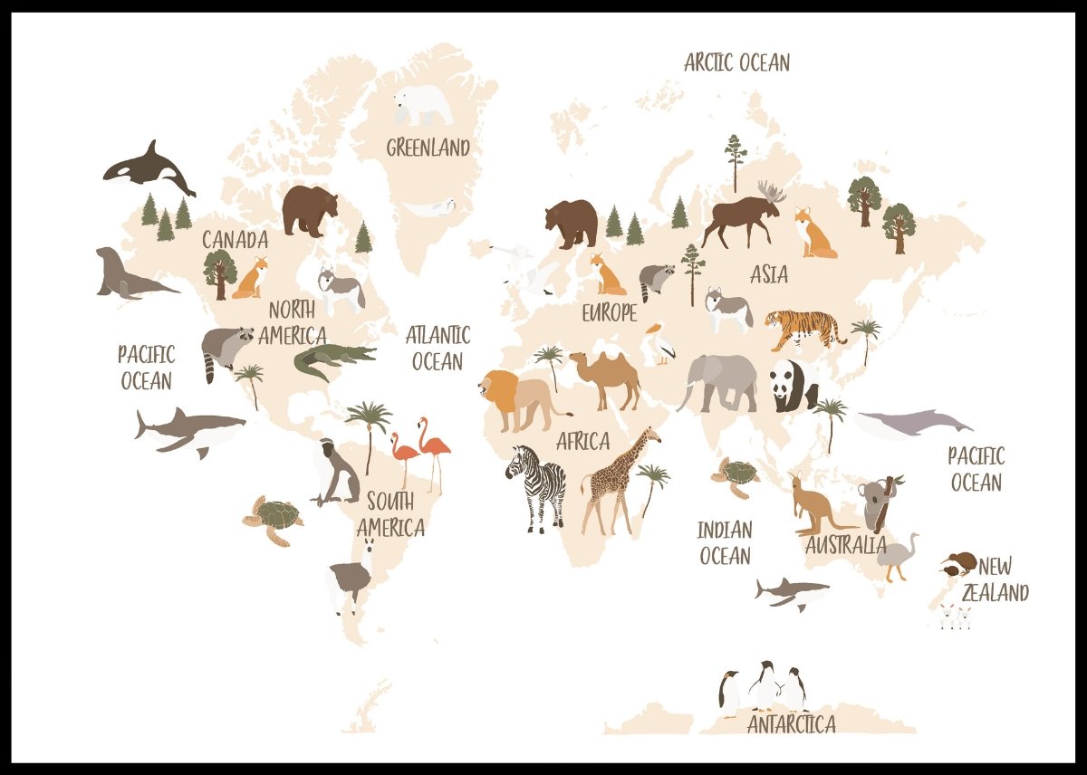 Verdenskart med dyr til barn 02 - Plakatbar.no