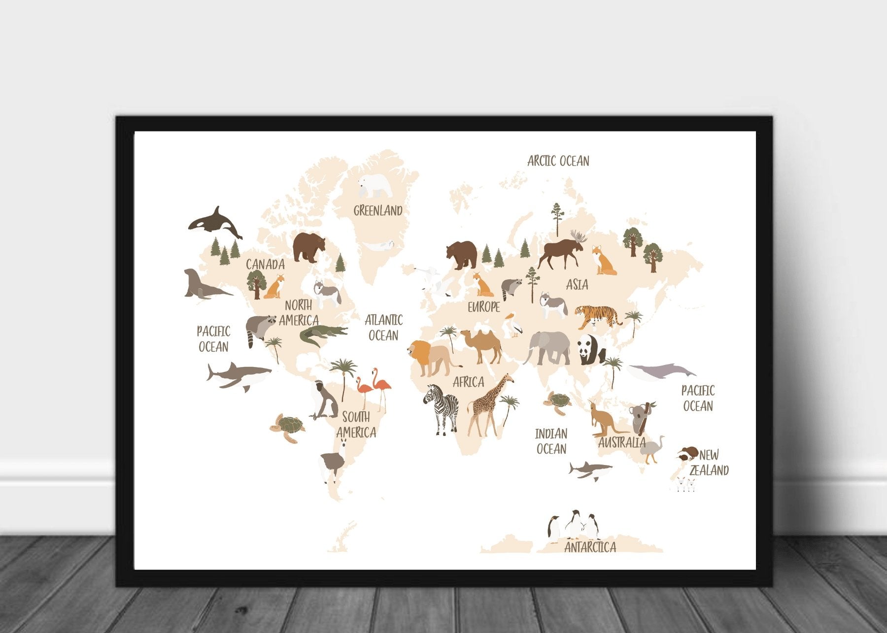 Verdenskart med dyr til barn 02 - Plakatbar.no
