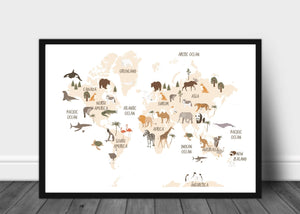 Verdenskart med dyr til barn 02 - Plakatbar.no
