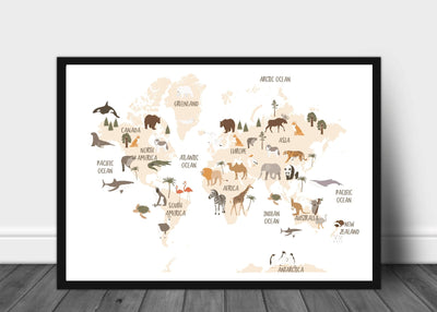 Verdenskart med dyr til barn 02 - Plakatbar.no
